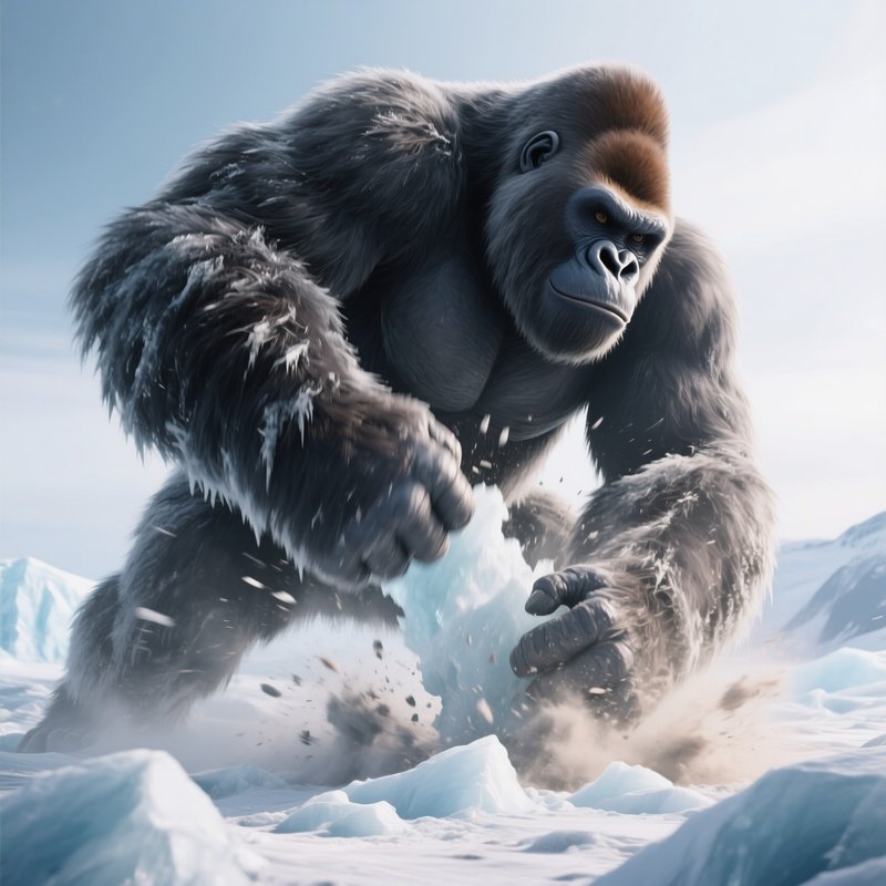 Photorealistic Image: A Giant Frost Ape Pounding Glaciers Into Dust.