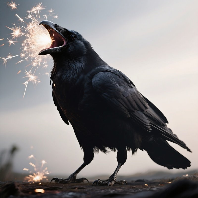 Photorealistic Image: A Giant Shadow Raven Screaming Sparks.