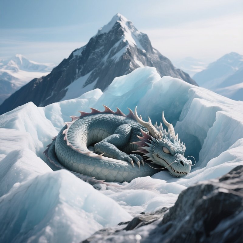 Photorealistic Image: A Glacier Dragon Sleeping Inside A Mountain Peak.