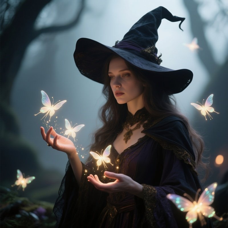 Photorealistic Image: A Glimmer Witch Summoning Tiny Luminous Fairies.