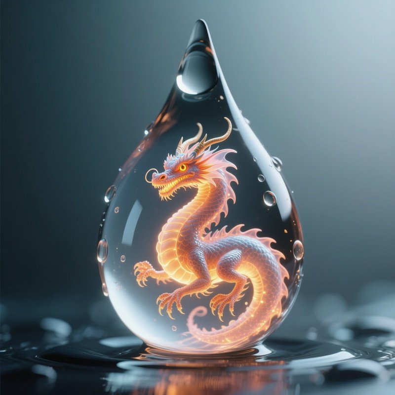 Photorealistic Image: A Glowing Jelly Dragon Perched Inside A Water Droplet.