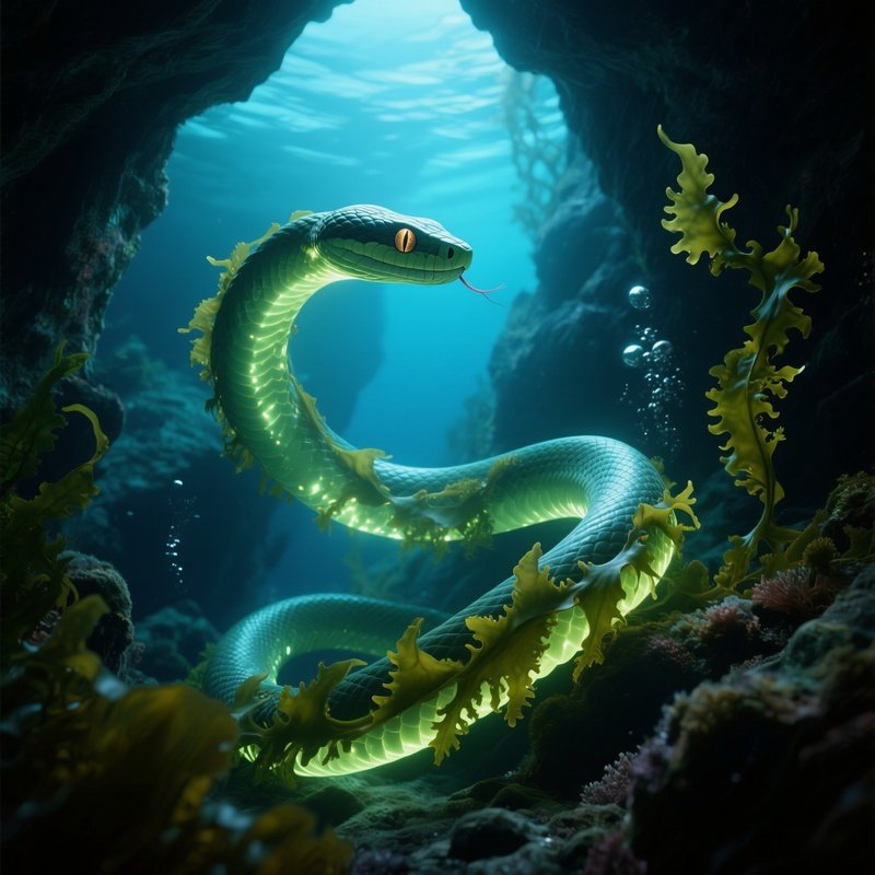 Photorealistic Image: A Glowing Kelp Serpent Winding Through Underwater Caverns.
