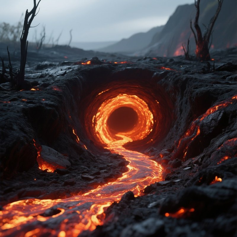 Photorealistic Image: A Glowing Magma Worm Tunneling Under Charred Ground.