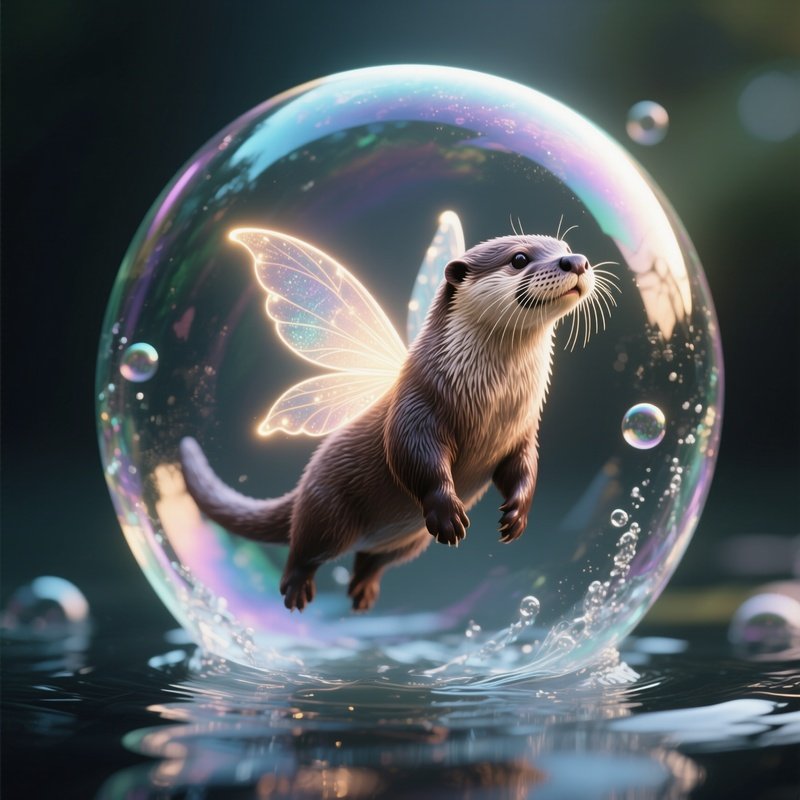 Photorealistic Image: A Glowing Otter Fairy Floating Inside A Water Bubble.