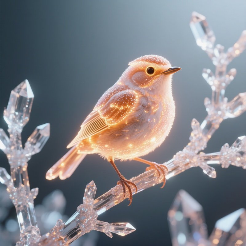 Photorealistic Image: A Glowing Sugar Bird Perched On Crystal Branches.