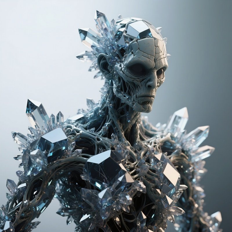 Photorealistic Image: A Golem Made Entirely Of Living Crystal Fractals.