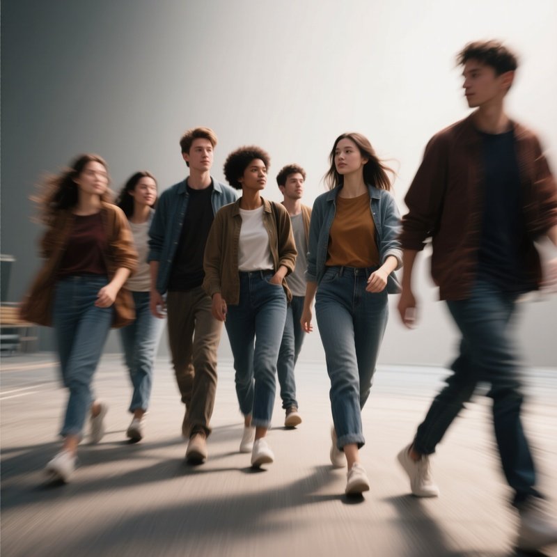 Photorealistic Image: A Group Of Friends Walking In Slow Motion For Dramatic Effect.