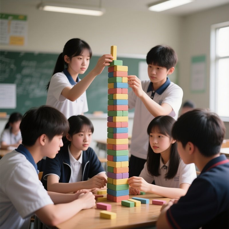 Photorealistic Image: A Group Of Students Building A Tower Out Of Erasers During Break.