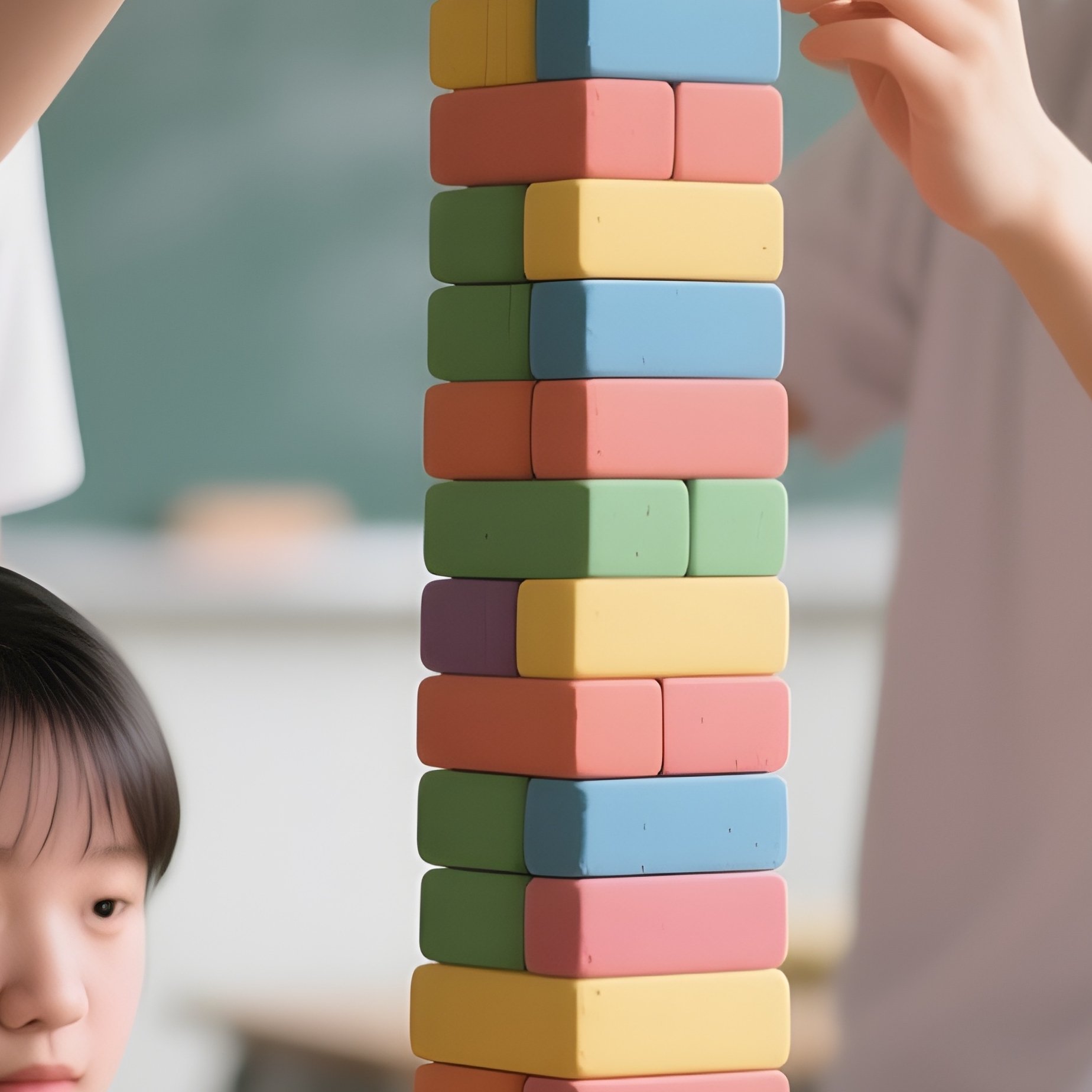 Photorealistic Image: A Group Of Students Building A Tower Out Of Erasers During Break. - Full Resolution Quality Preview