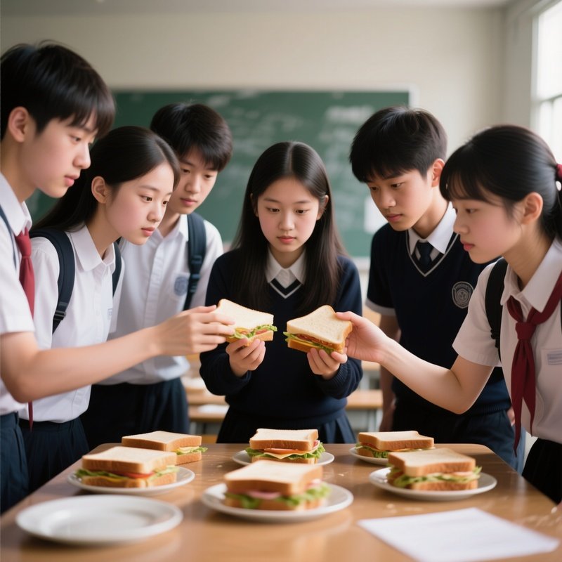 Photorealistic Image: A Group Of Students Comparing The Size Of Their Sandwiches.