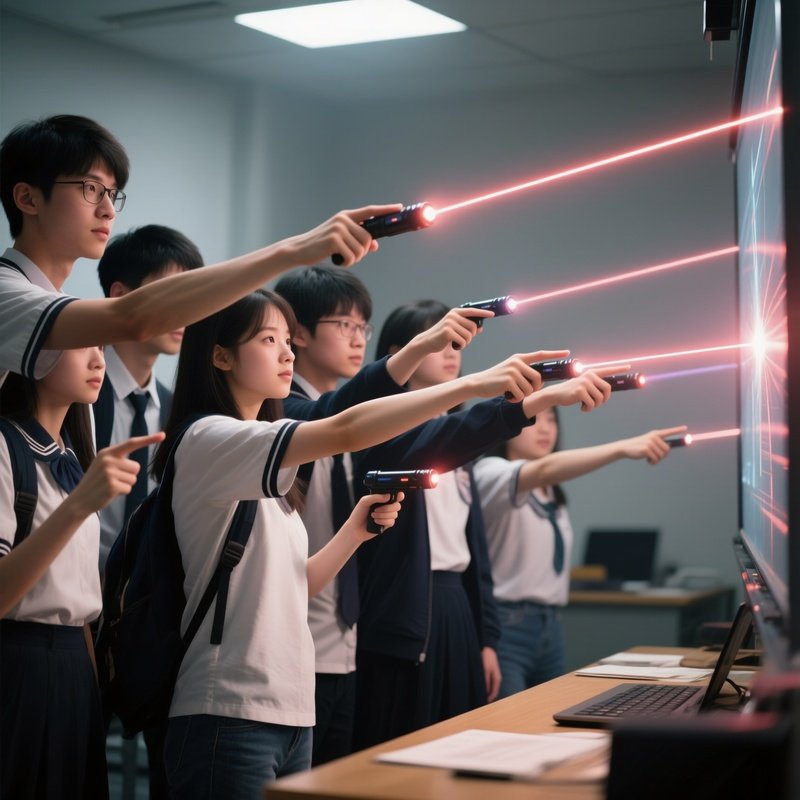 Photorealistic Image: A Group Of Students Pointing All Laser Pointers At The Same Spot.