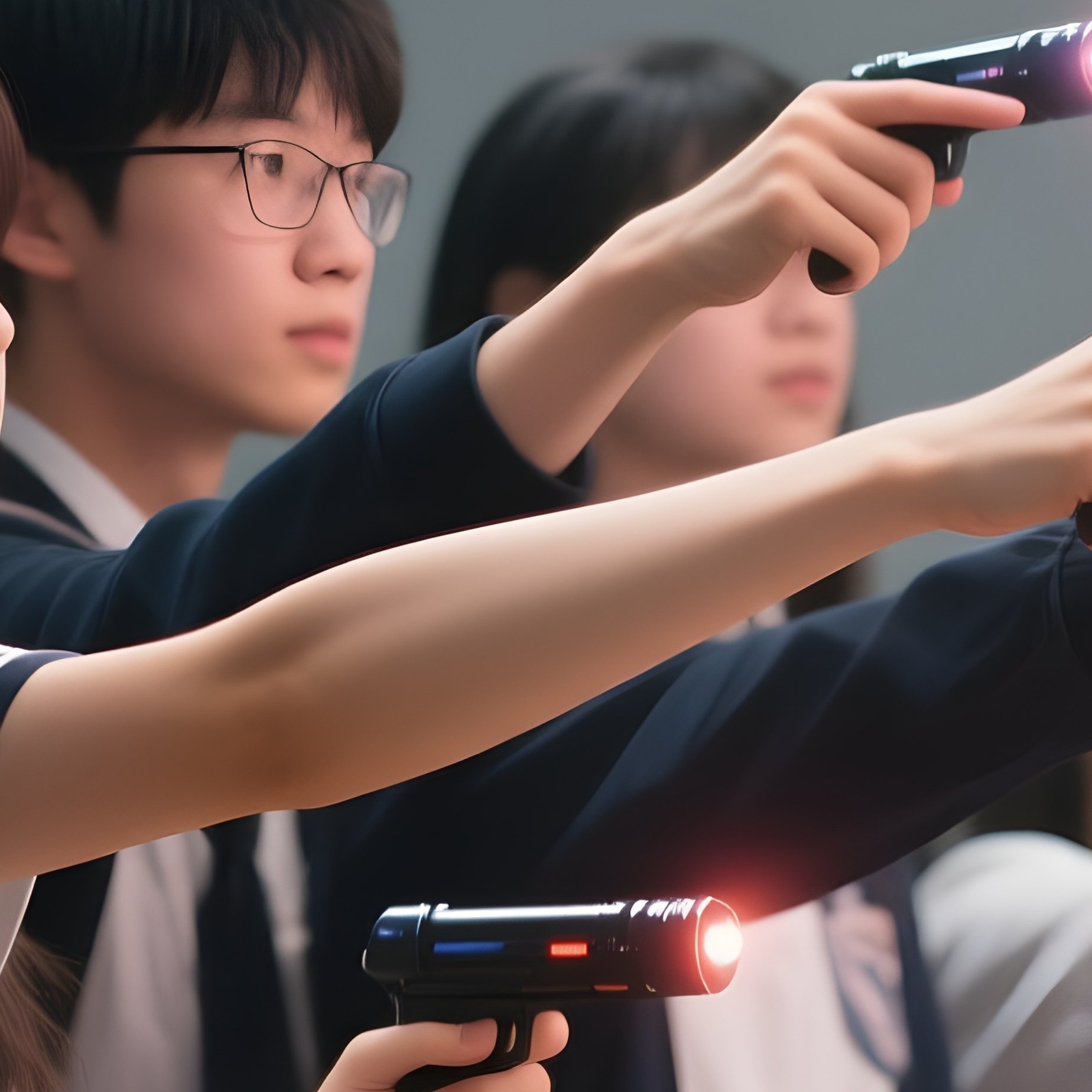 Photorealistic Image: A Group Of Students Pointing All Laser Pointers At The Same Spot. - Full Resolution Quality Preview