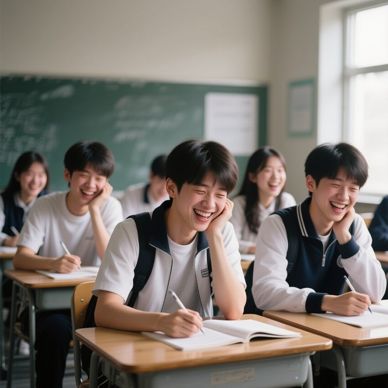 Photorealistic Image: A Group Of Students Trying To Hold In Laughter During A Super Quiet Test.