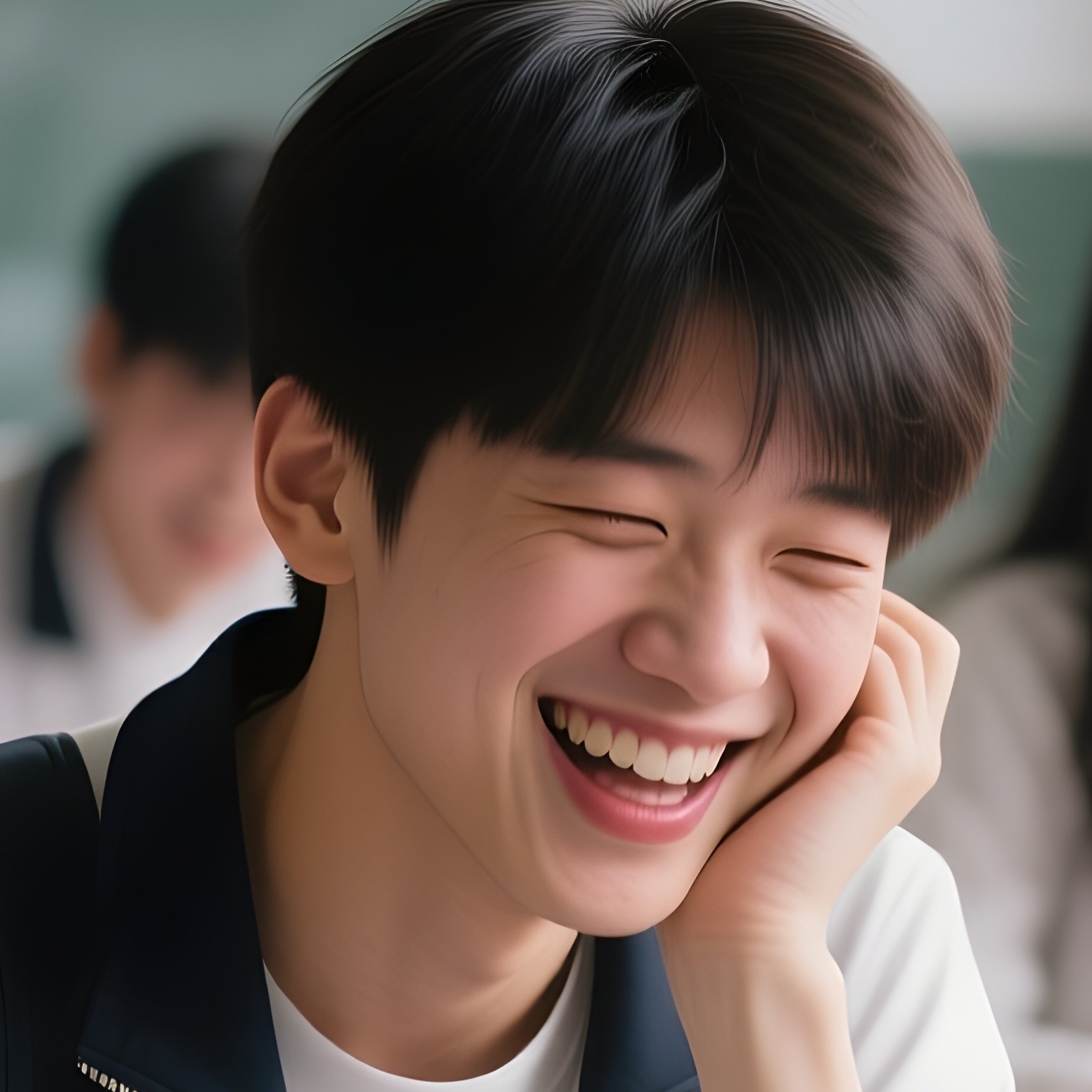 Photorealistic Image: A Group Of Students Trying To Hold In Laughter During A Super Quiet Test. - Full Resolution Quality Preview