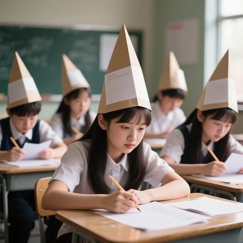 Photorealistic Image: A Group Of Students Wearing Paper Hats They Made From Worksheets.