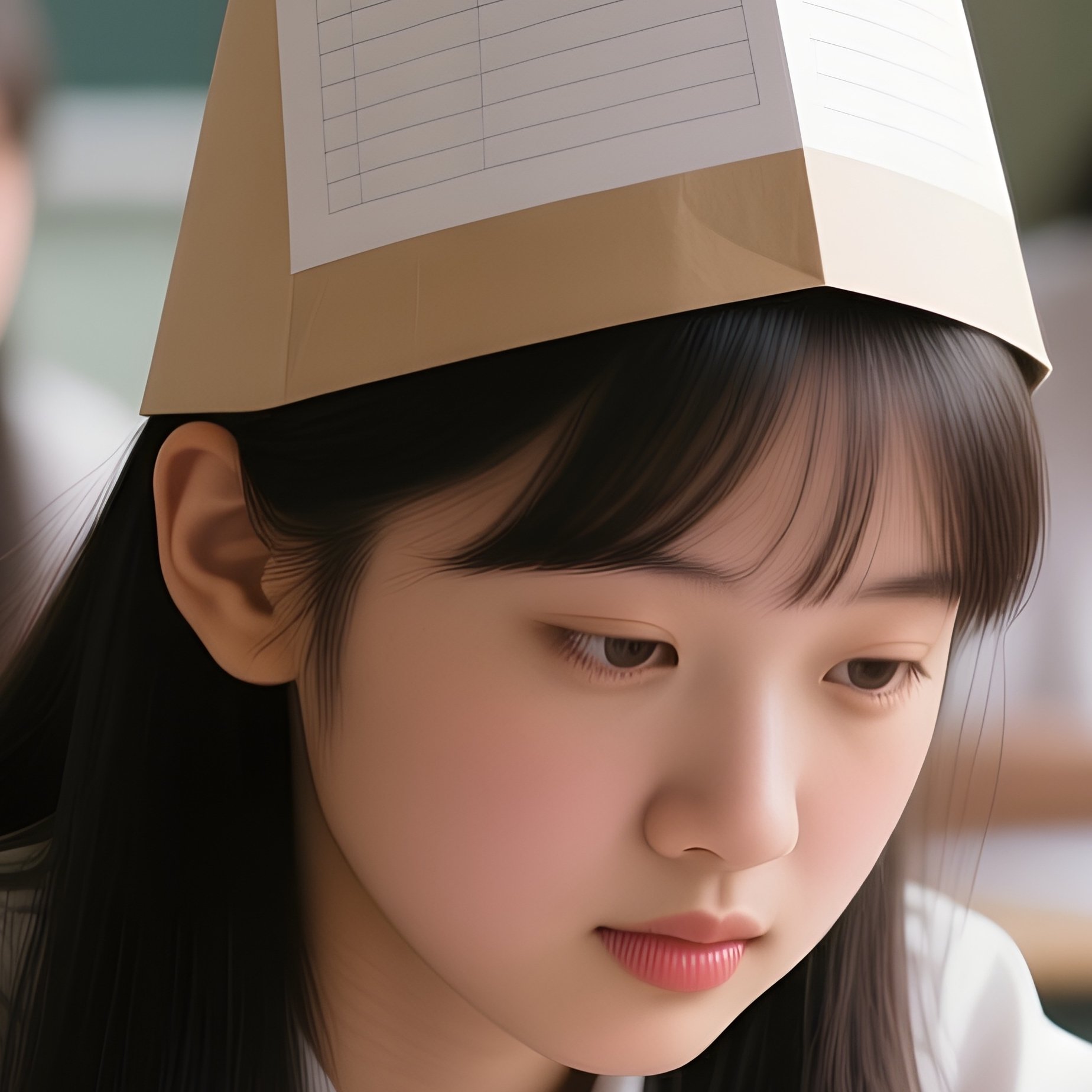 Photorealistic Image: A Group Of Students Wearing Paper Hats They Made From Worksheets. - Full Resolution Quality Preview