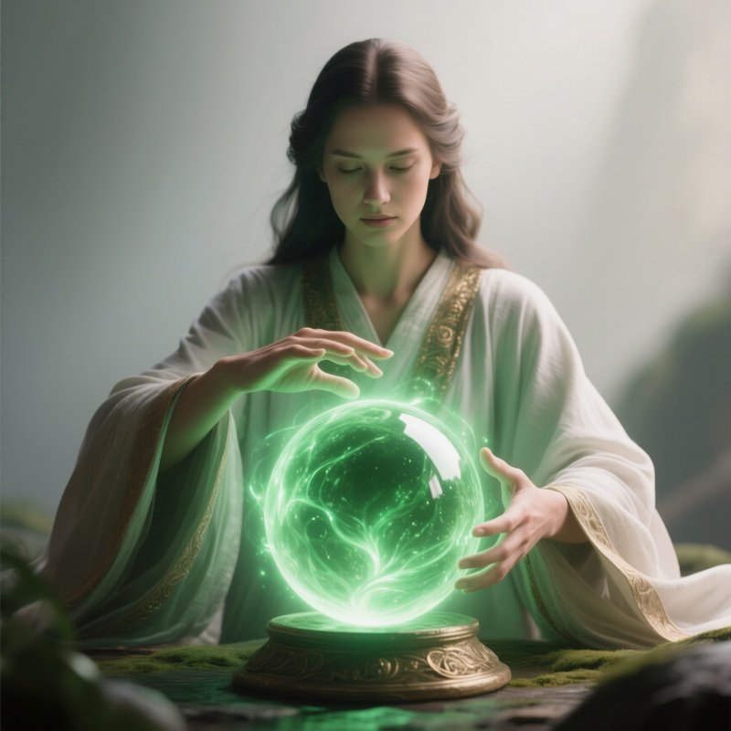 Photorealistic Image: A Healer Channeling Gentle Green Magic Into A Glowing Sphere.