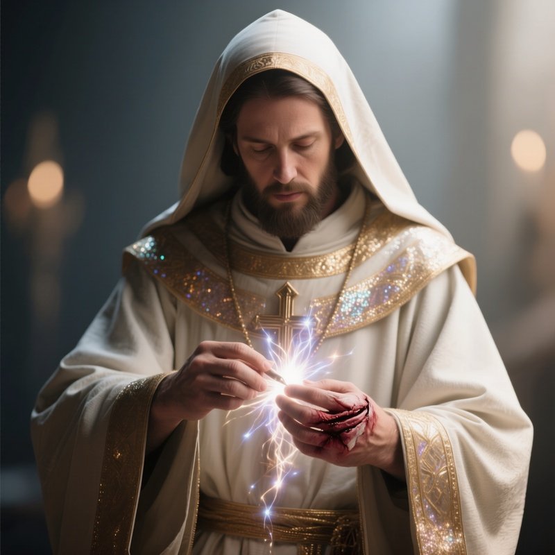 Photorealistic Image: A Healer Priest Dressing Wounds With Shimmering Energy.