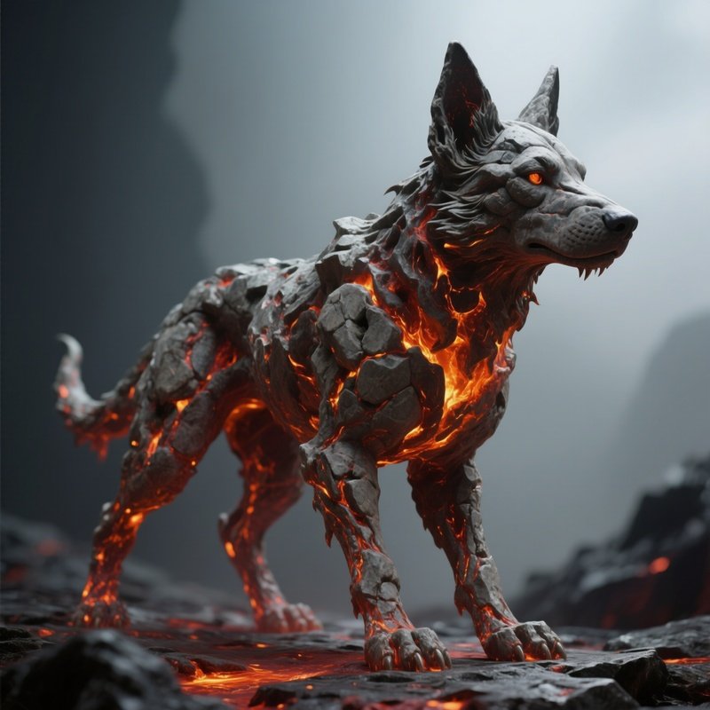 Photorealistic Image: A Hellhound Made Of Molten Stone.