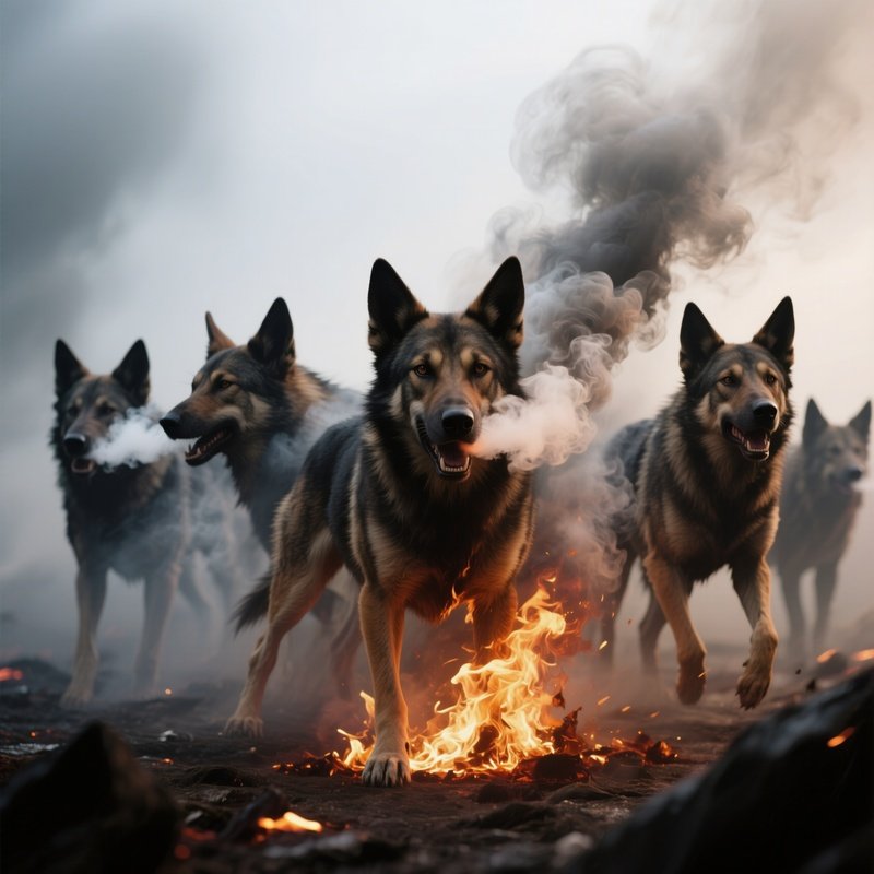 Photorealistic Image: A Hellhound Pack Breathing Smoke And Embers.