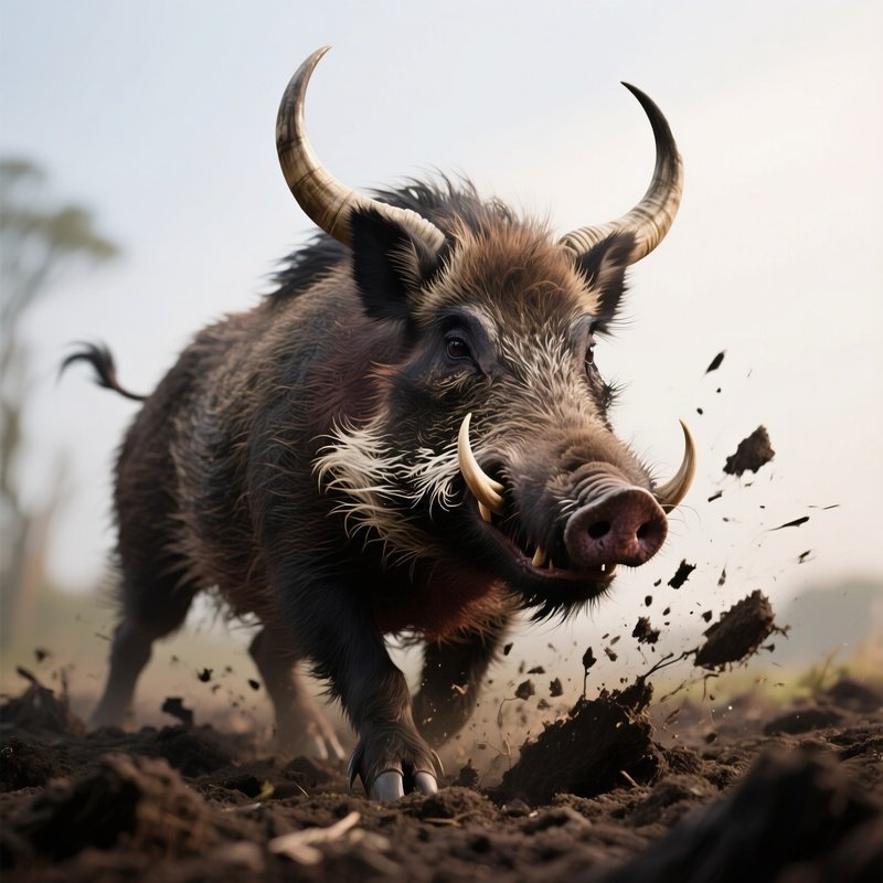 Photorealistic Image: A Horned Boar Creature Tearing Through Earth.