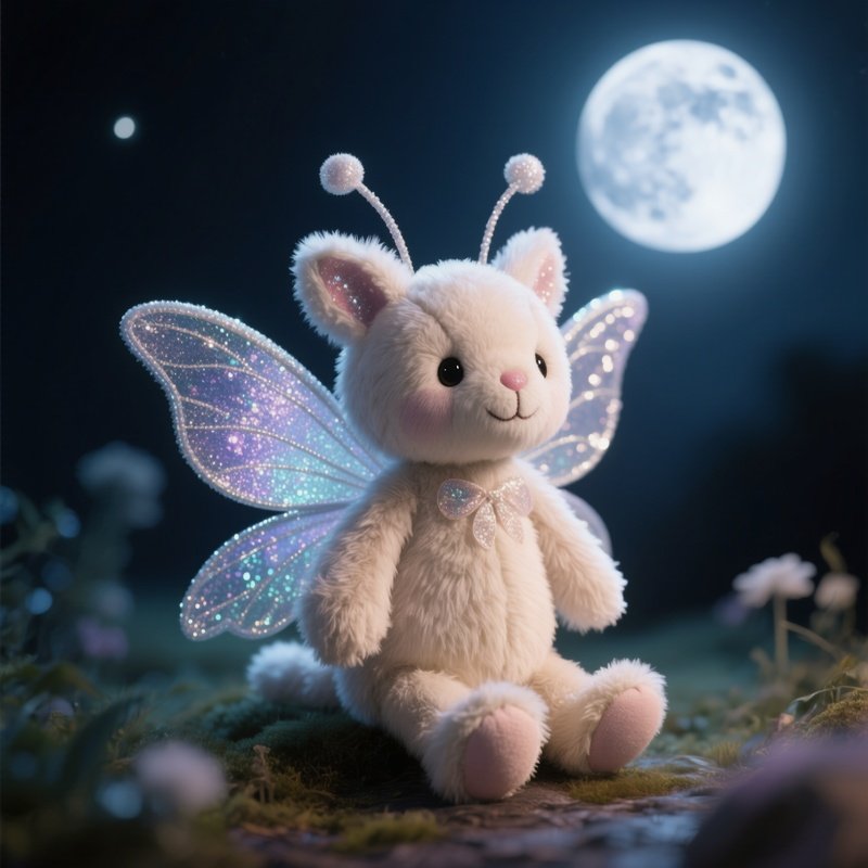 Photorealistic Image: A Jellycat Fairy Shimmering Under Moonlight.