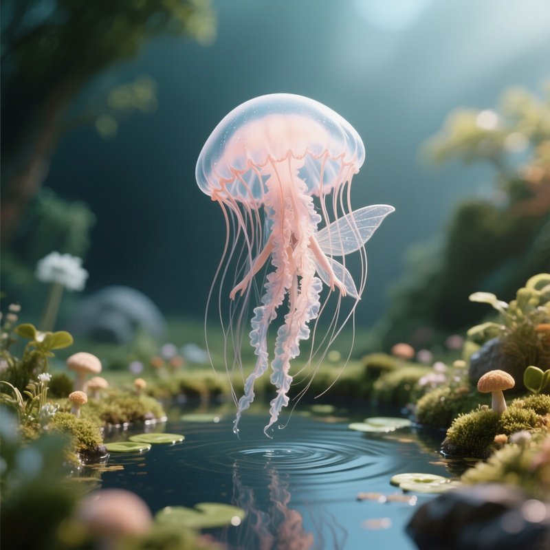 Photorealistic Image: A Jellyfish Fairy Floating Above Miniature Ponds.