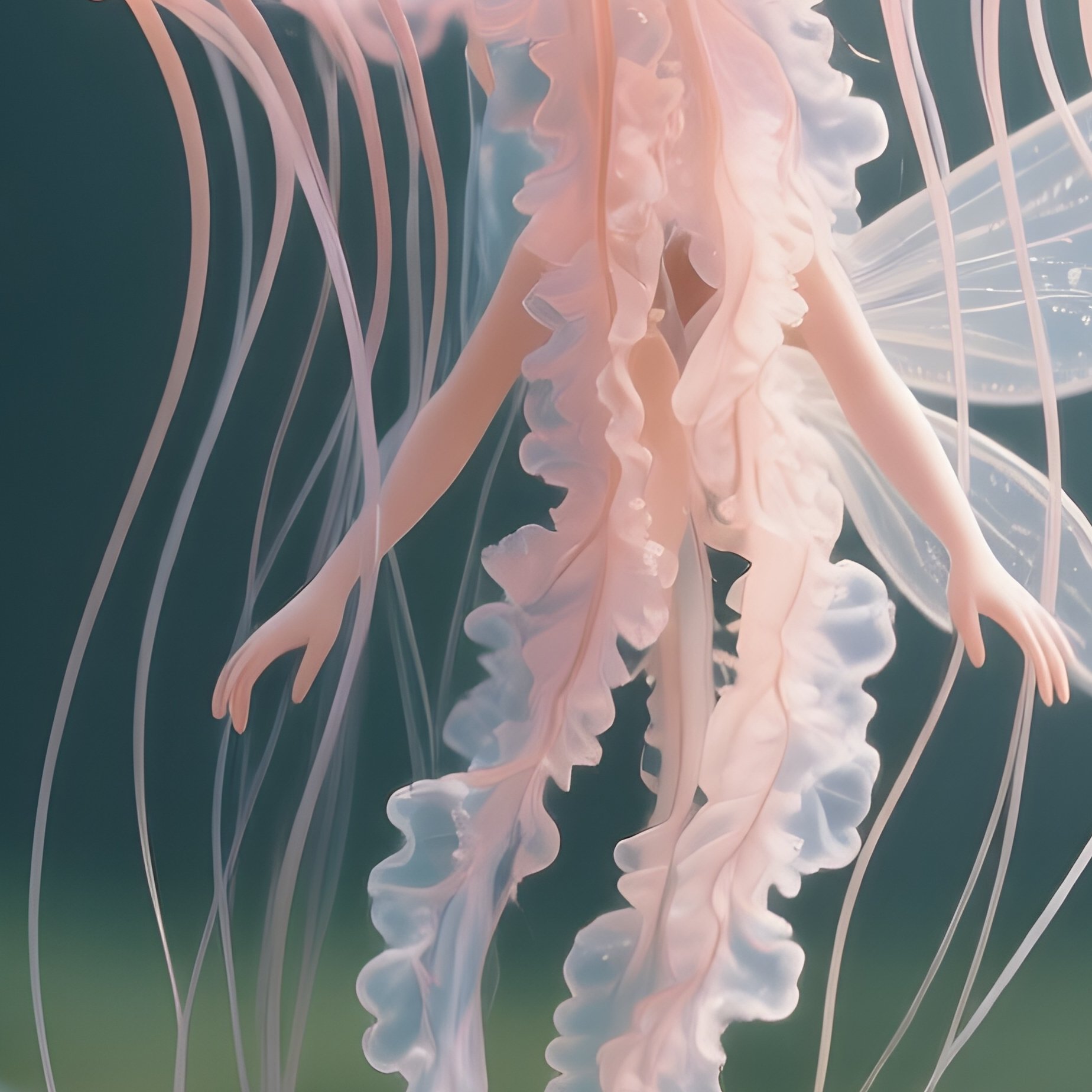 Photorealistic Image: A Jellyfish Fairy Floating Above Miniature Ponds. - Full Resolution Quality Preview
