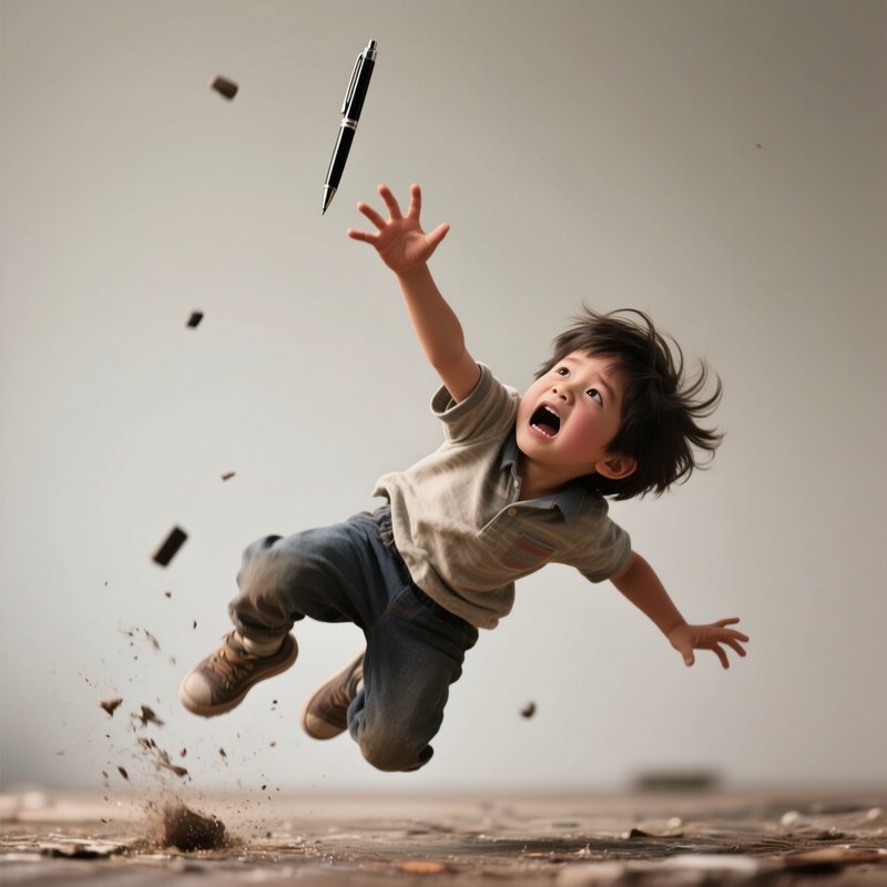 Photorealistic Image: A Kid Dramatically Failing To Catch A Falling Pen In Mid Air.