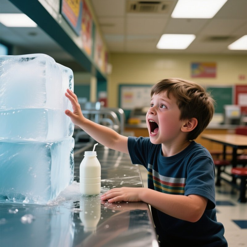 Photorealistic Image: A Kid Dramatically Reacting To Touching Ice Cold School Cafeteria Milk.