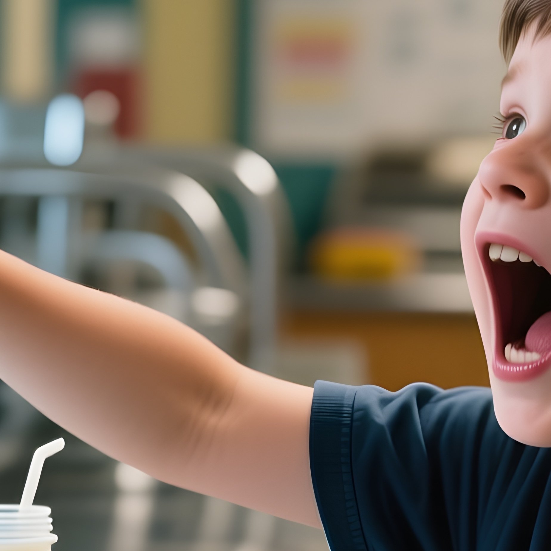 Photorealistic Image: A Kid Dramatically Reacting To Touching Ice Cold School Cafeteria Milk. - Full Resolution Quality Preview