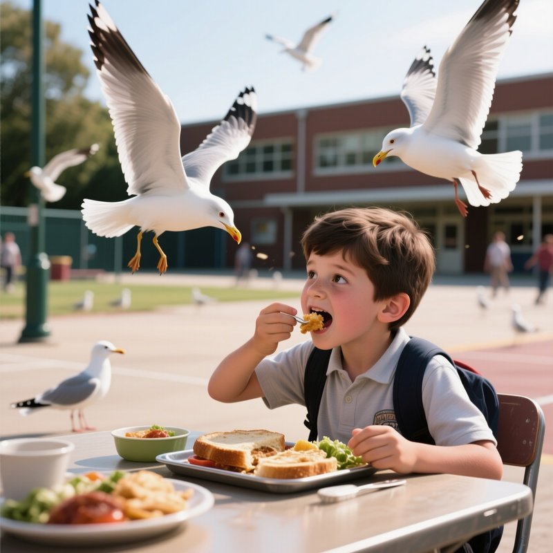Photorealistic Image: A Kid Trying To Eat Lunch While Fighting Off Seagulls In The Schoolyard.