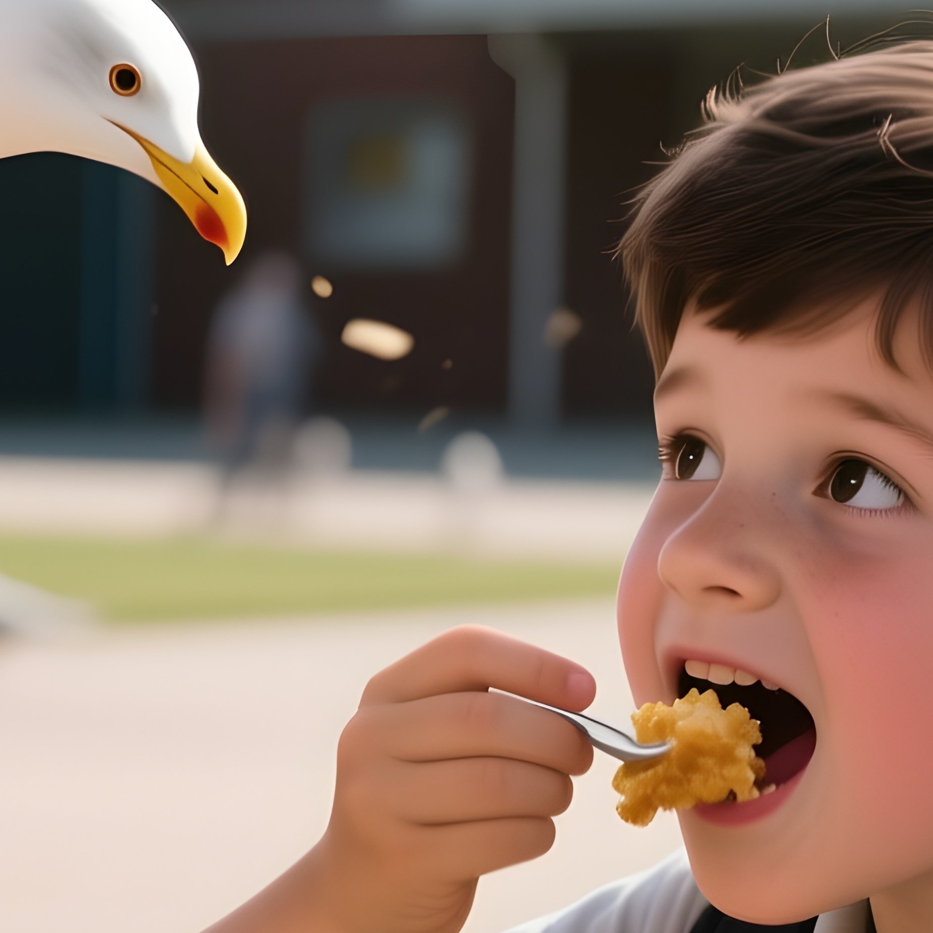 Photorealistic Image: A Kid Trying To Eat Lunch While Fighting Off Seagulls In The Schoolyard. - Full Resolution Quality Preview