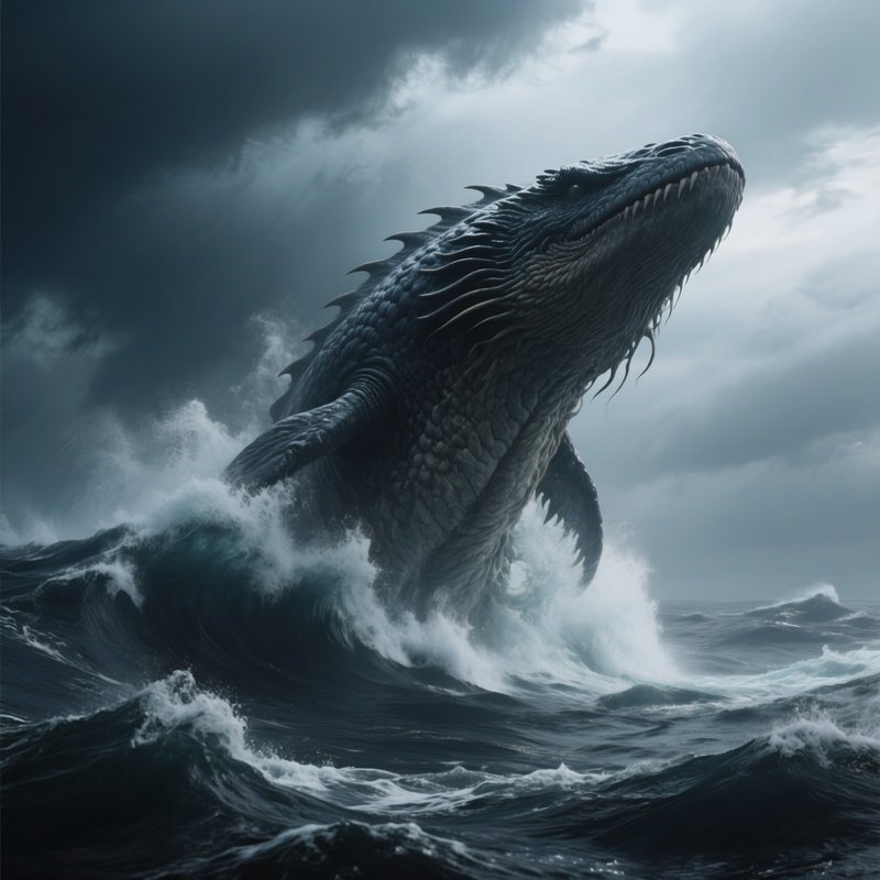 Photorealistic Image: A Leviathan Rising From Storm Dark Ocean Waves.