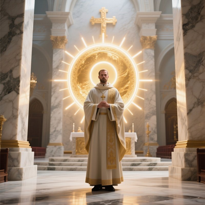 Photorealistic Image: A Light Priest Radiating Golden Halos In A Marble Sanctuary.