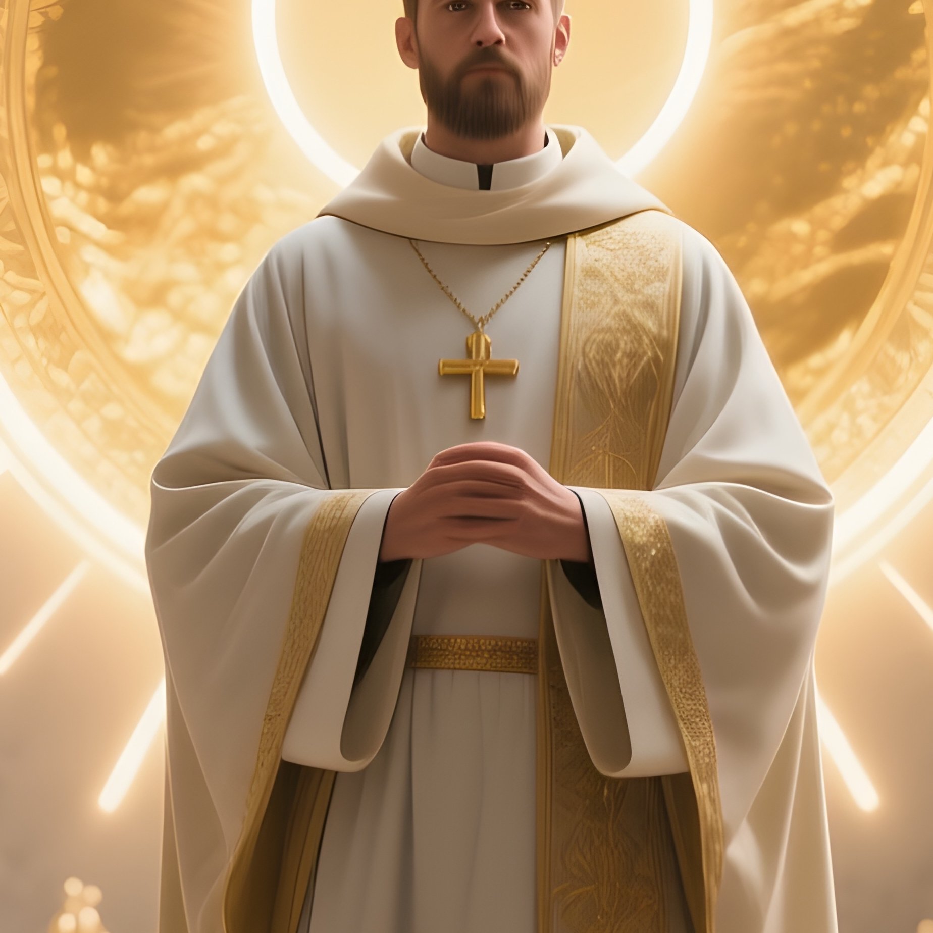 Photorealistic Image: A Light Priest Radiating Golden Halos In A Marble Sanctuary. - Full Resolution Quality Preview