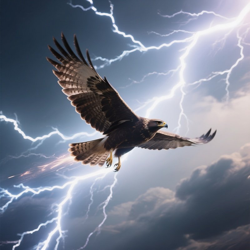 Photorealistic Image: A Lightning Hawk Streaking Across The Sky In Blinding Flashes.
