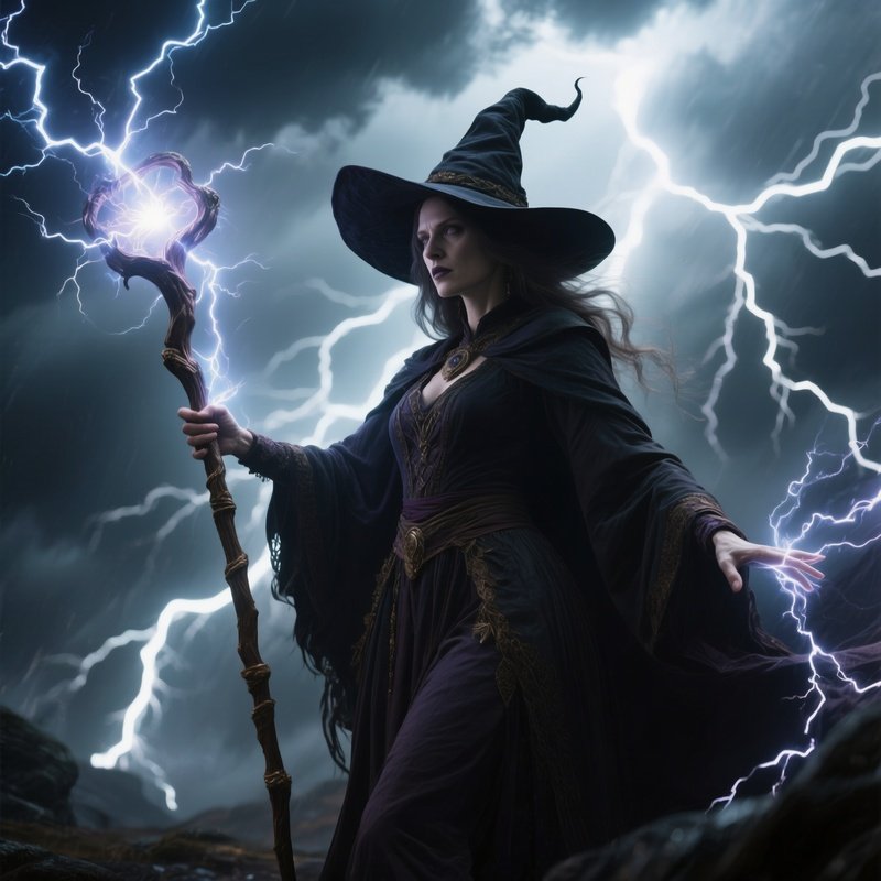 Photorealistic Image: A Lightning Witch Channeling Storm Energy Into Her Staff.