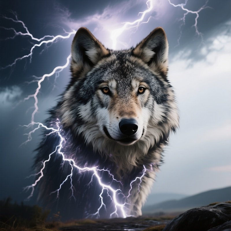 Photorealistic Image: A Living Thunderstorm Shaped Like A Wolf.