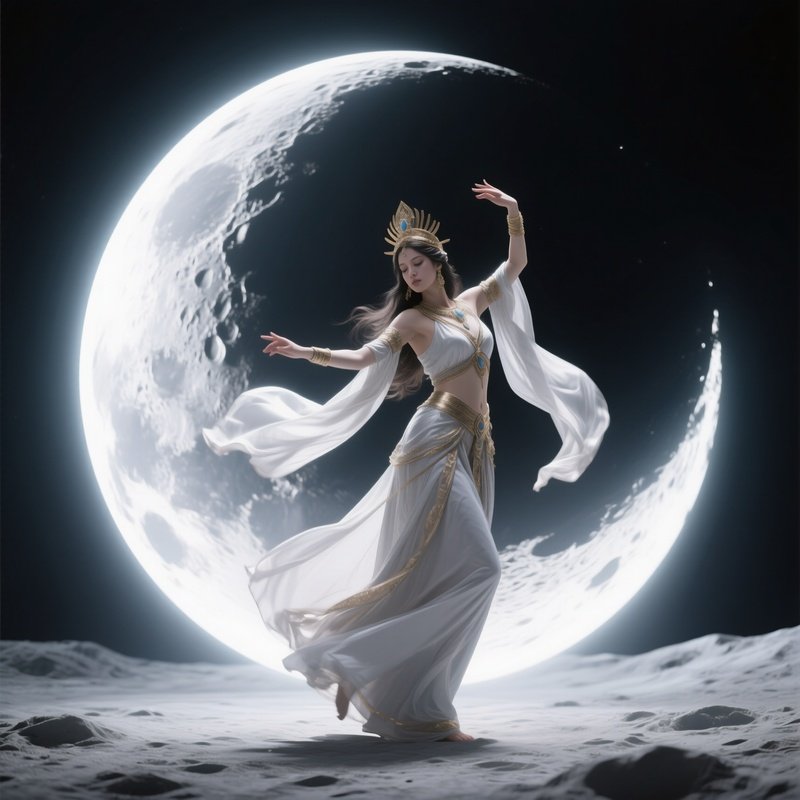 Photorealistic Image: A Lunar Priestess Dancing Inside Silver Moonlight.