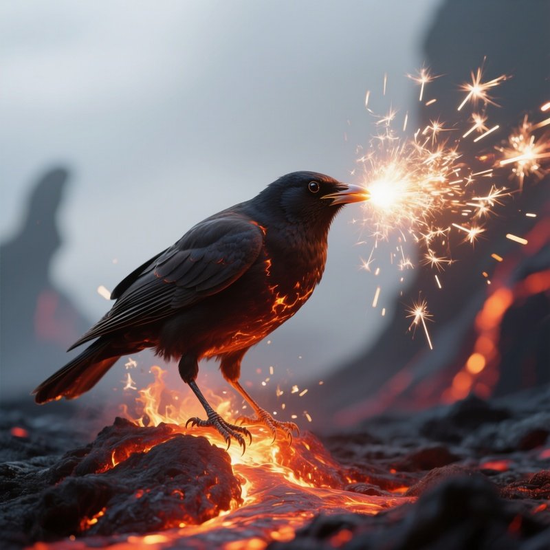 Photorealistic Image: A Magma Bird Spitting Sparks Like Embers.