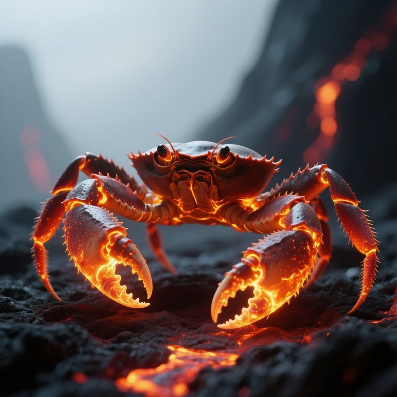 Photorealistic Image: A Magma Crab With Glowing Claws Like Living Furnaces.