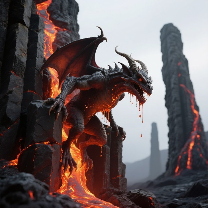 Photorealistic Image: A Magma Gargoyle Dripping Molten Stone While Clinging To Basalt Pillars.