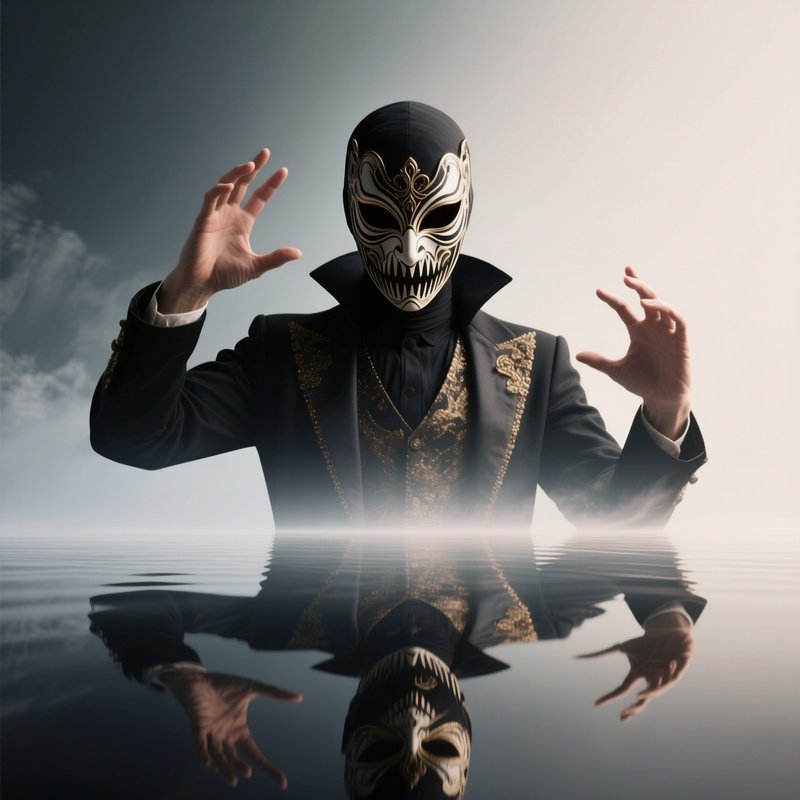 Photorealistic Image: A Masked Illusionist Creating Lifelike Mirages.
