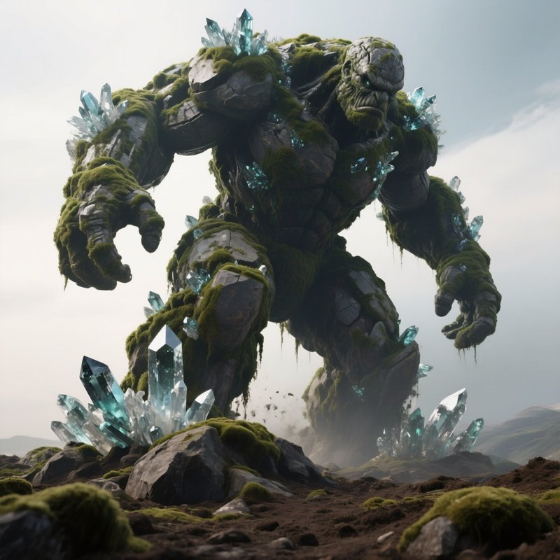 Photorealistic Image: A Massive Earth Titan Rising From Rock And Soil, Covered In Moss And Crystals.
