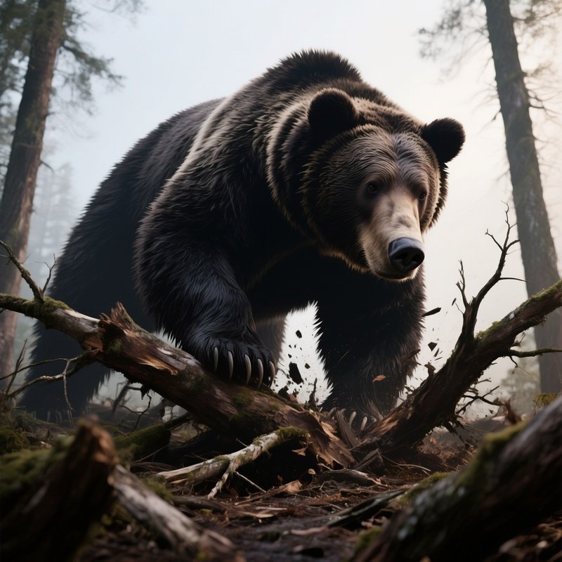 Photorealistic Image: A Massive Shadow Bear Crushing Fallen Trees.