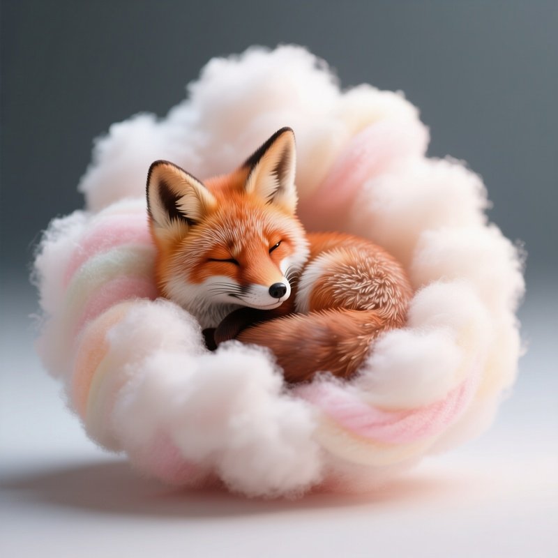 Photorealistic Image: A Miniature Fox Curled Inside A Cotton Candy Cloud.