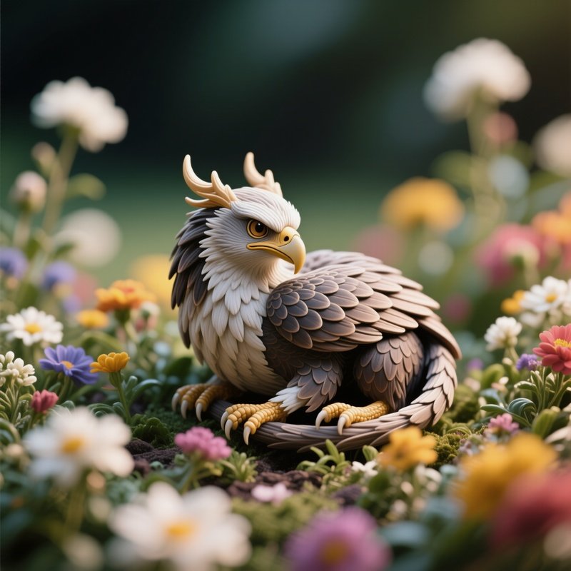 Photorealistic Image: A Miniature Griffin Curled In A Flower Bed.