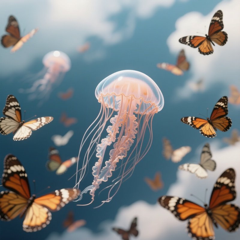 Photorealistic Image: A Miniature Sky Jellyfish Floating Among Butterflies.