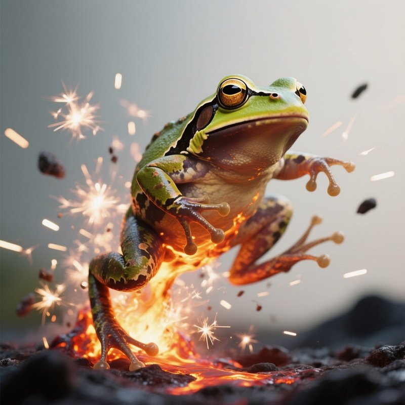 Photorealistic Image: A Molten Frog Erupting Small Sparks With Each Hop.